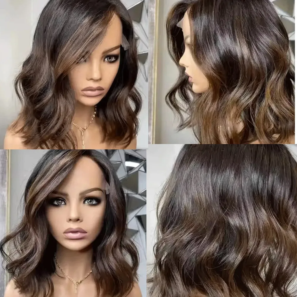 Kurze Bob-Perücke mit Spitze, synthetisches Haar, gewebt und gemischt, Ombre-Braun, Lace-Front-Perücken für Frauen, 13x4, kleberlos, natürlicher Haaransatz, Cosplay Image