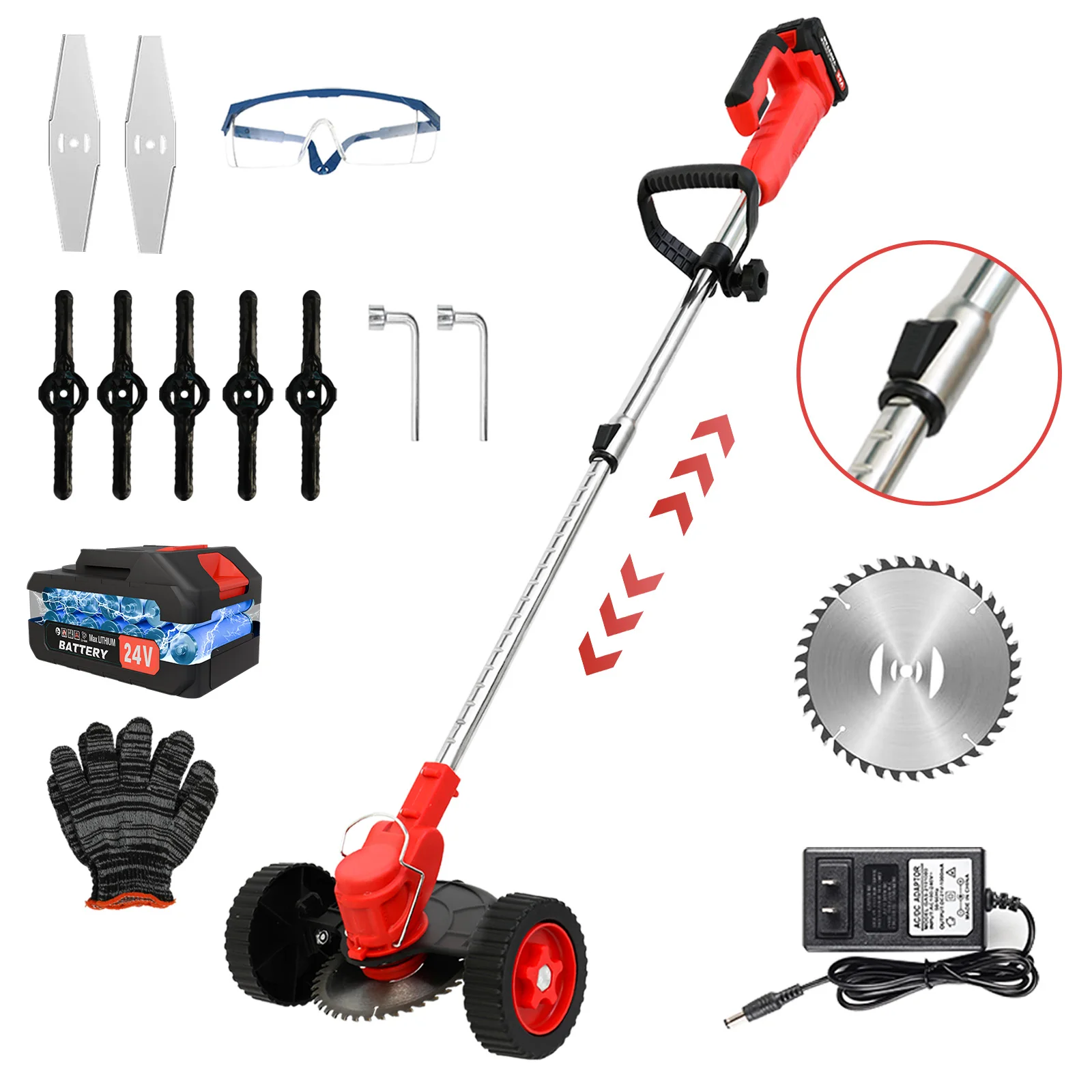 Tondeuse à gazon sans fil 3-en-1 21V avec roues, coupe-bordures portatif, 2 batteries pour outil de jardinage motorisé