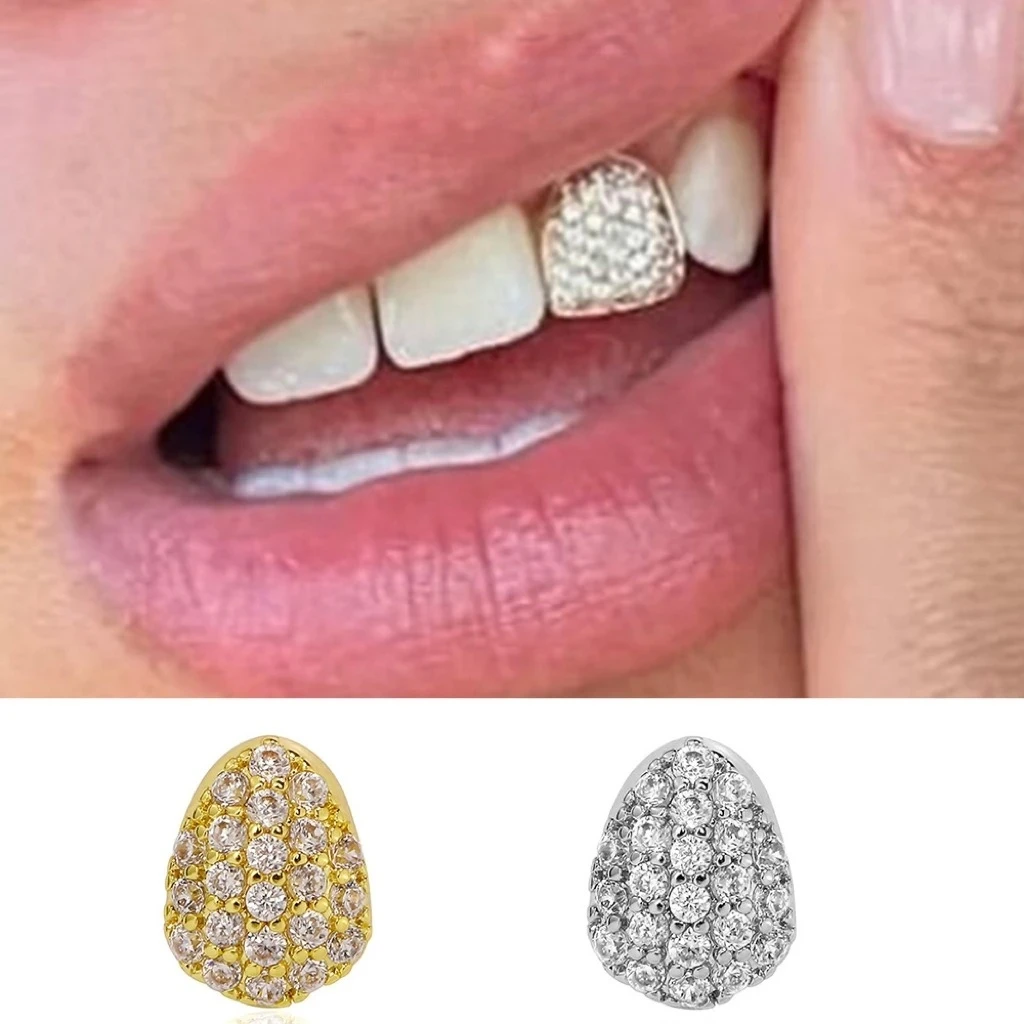 Iced Out Single Full CZ Stone Teeth Grillz Hip Hop Schmuck Glänzende Zirkon-Zahnkappen für Damen und Herren – Zwei Größen erhältlich