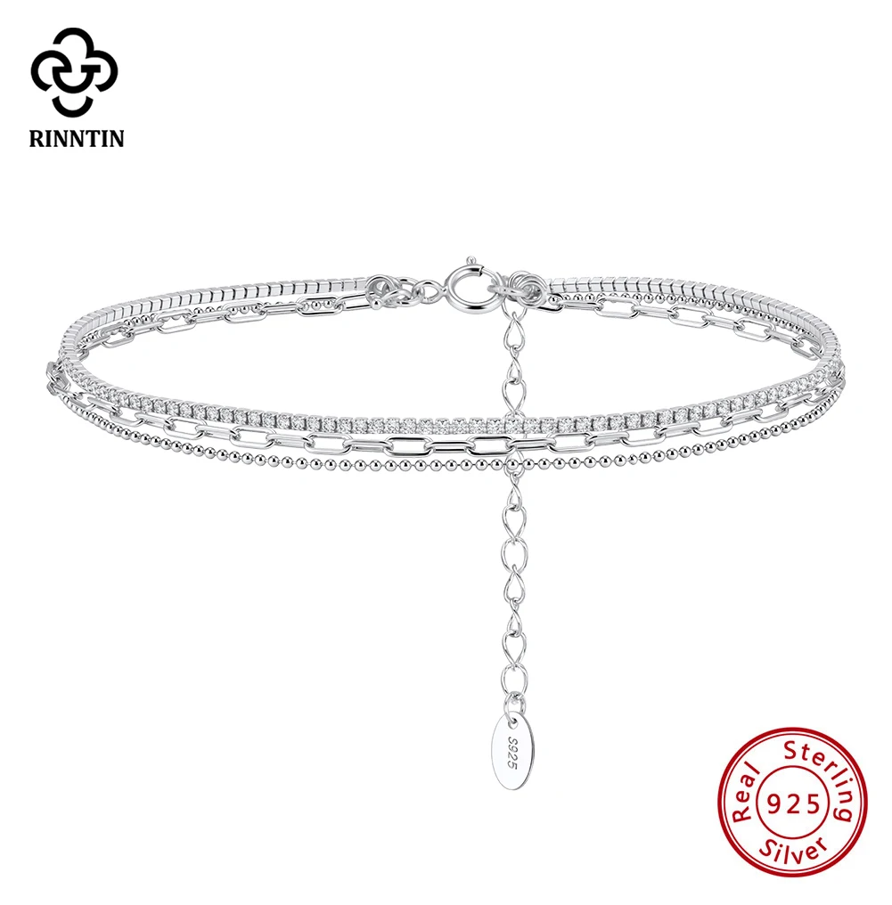 Rinntin 925 Sterling Silber 3-lagiges Fußkettchen für Damen und Mädchen, Sommerliches Sexy Strand-Fußkettchen, Knöchelriemen-Schmuck SA104