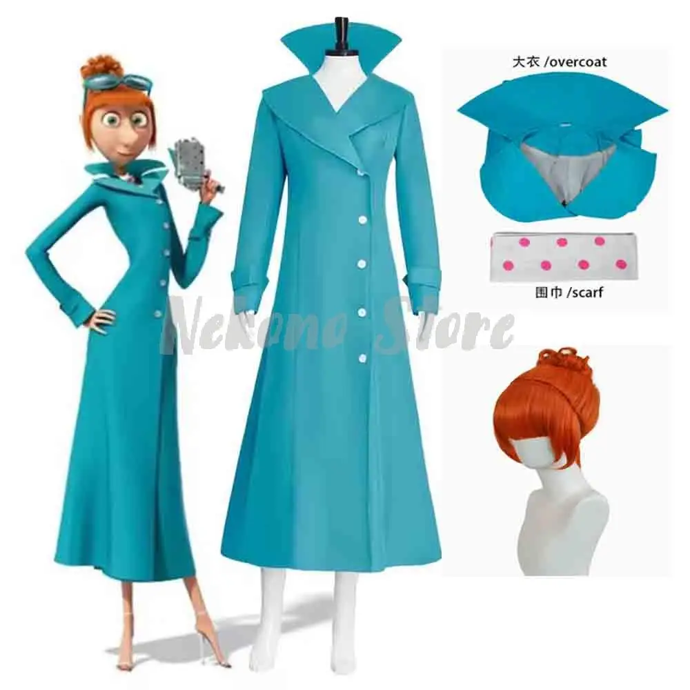 Damen Lucy Cosplay Kostüm Blauer Langer Mantel Trenchcoat Animationsfilm Halloween Oster-Outfit mit Perücke Image