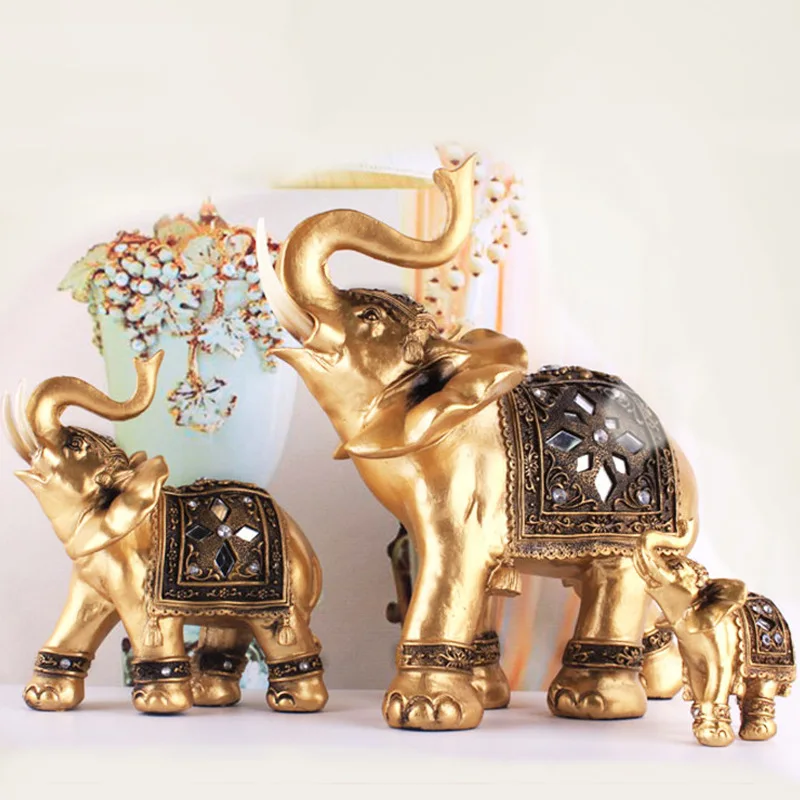 1PC Goldene Harz Elefanten Statue Feng Shui Elegante Elefanten Stamm Skulptur Glück Reichtum Figur Handwerk Ornamente Wohnkultur Image