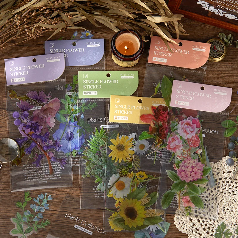 10 Stück/Packung Großformatige Blumen-Aufkleber-Set, Frische Blumen-Dekoration für Tagebücher, DIY Collage-Material für Alben Image