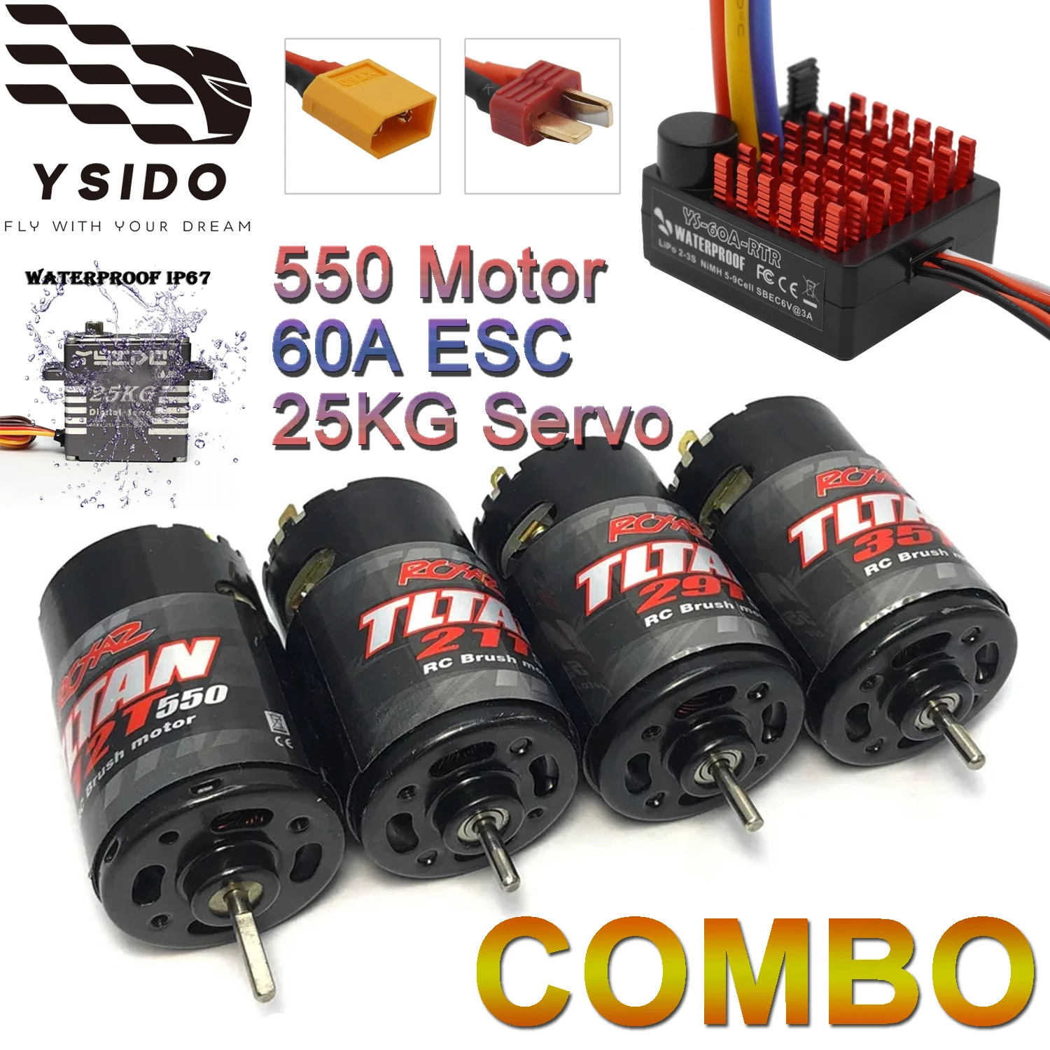 YSIDO 550 12T 21T 29T 35T Wasserdichter Bürstenmotor 60A ESC 25kg Digital Servo Combo für 1/10 RC Crawler Axial SCX10 Traxxas TRX4 Image