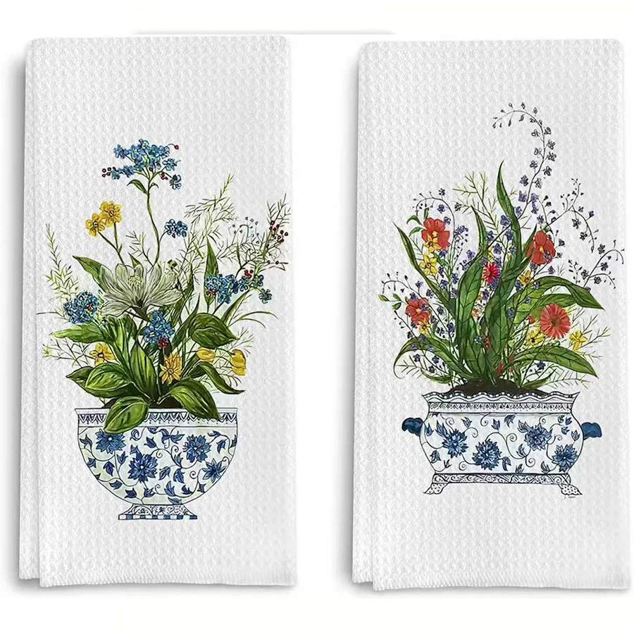 2 Stück, handbemalte Porzellanvase mit Blumenmuster, Küchentücher, 40 cm x 60 cm, Handtuchset, beste Küchentücher, super saugfähiges, weiches Reinigungstuch, Küchen- und Backtücher, Handtücher, Image