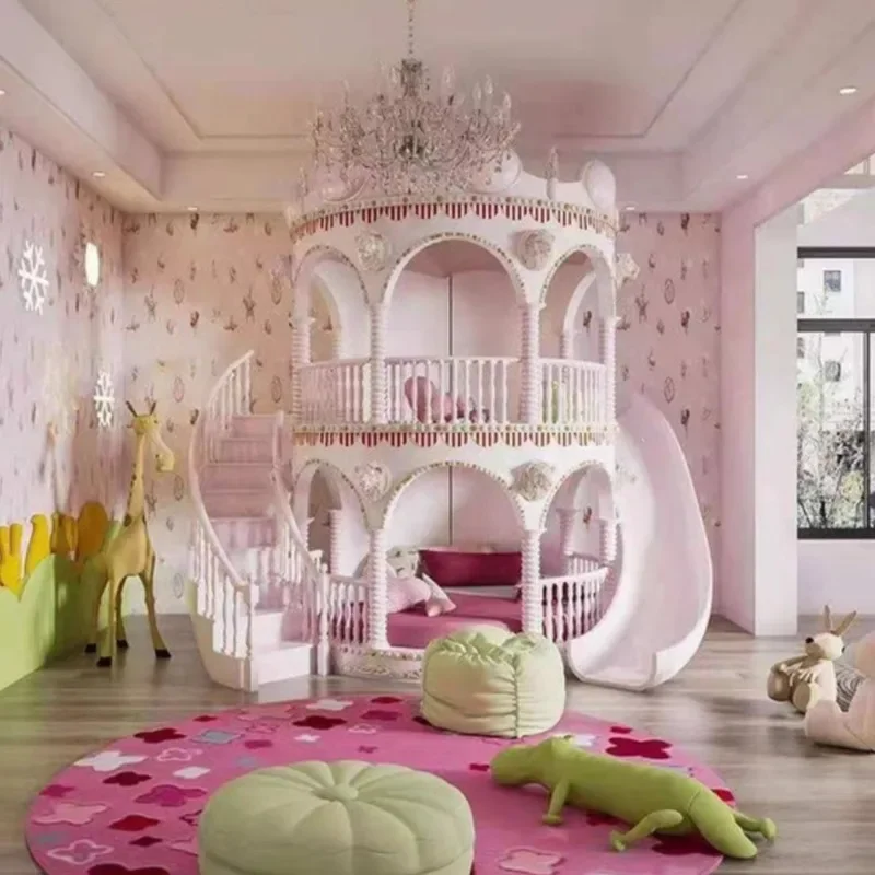 Doppelstockbett für Kinder, Prinzessinnen-Stil Schloss-Etagenbett mit Rutsche, Sicherheits-Laufstall, Heimmöbel