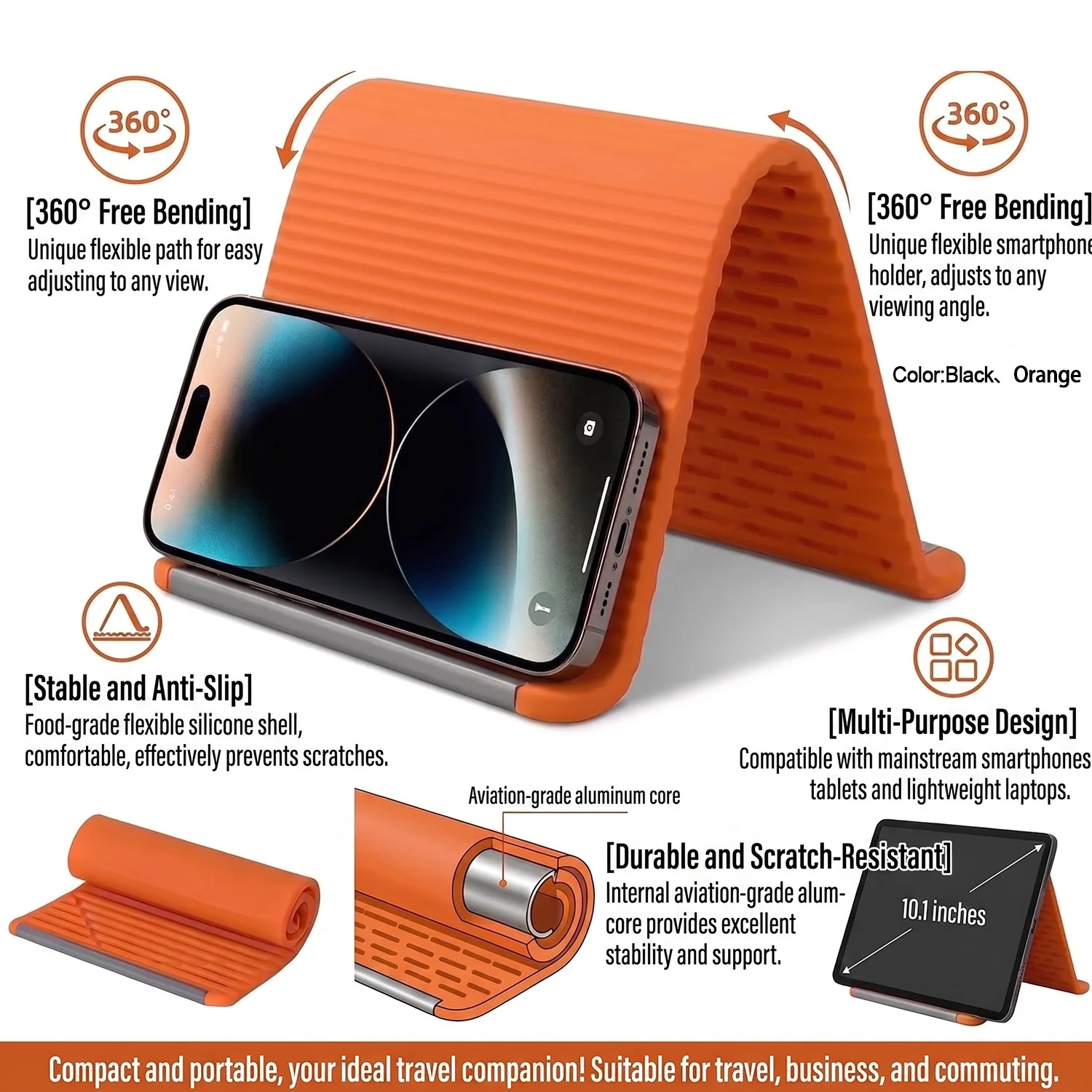 Flexibler Telefonständer, faltbarer Silikon-Desktop-Tablet-Laptop-Ständer, tragbarer, verstellbarer Universalhalter für Reisen, Büro, Bett Image