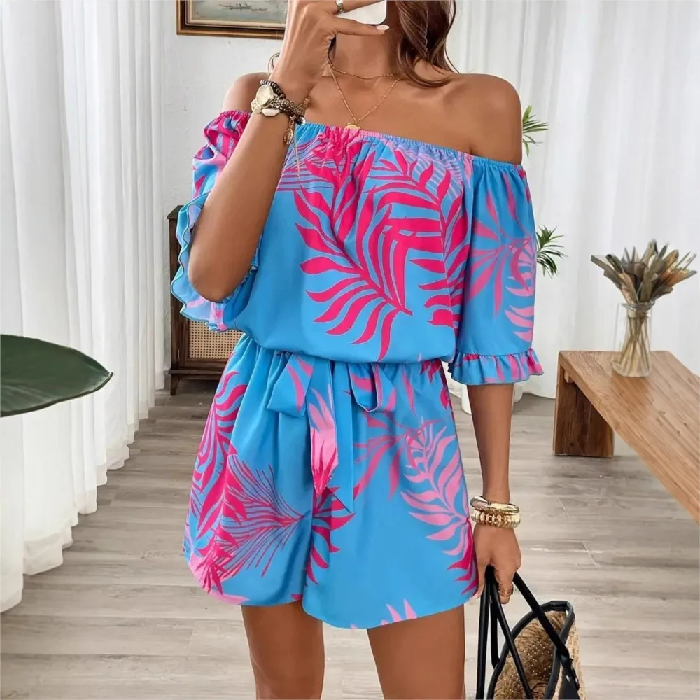 Sexy One-Shoulder Bedruckter Kurzarm-Jumpsuit für Damen Sommer Mode Taillenbund mit Schnürung Strand-Urlaub Jumpsuit 2026