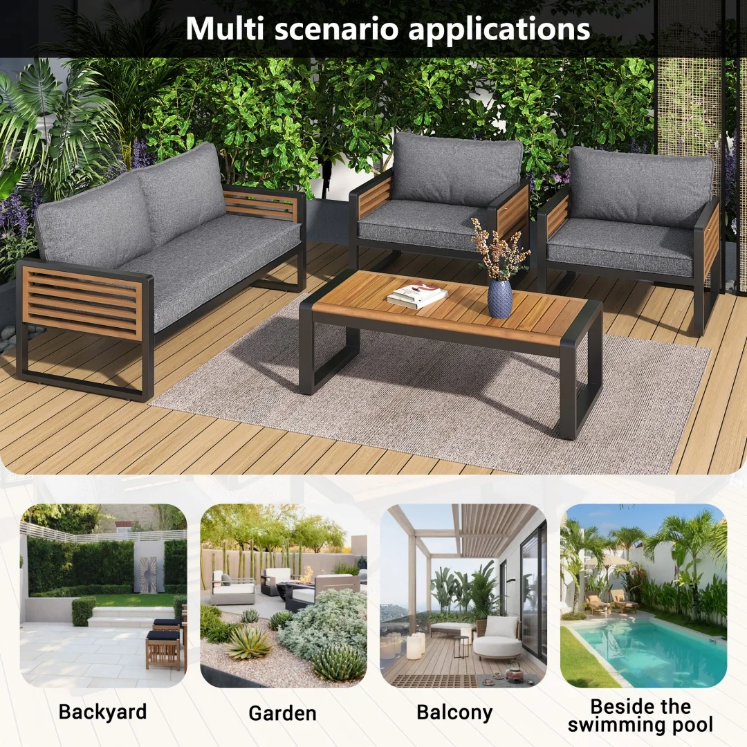 Ensemble de salon de jardin, ensemble de meubles de jardin avec structure en fer galvanisé, (ensemble large, ensemble de table à manger 4 pièces, 1x canapé 2 places, 2x fauteuils individuels)