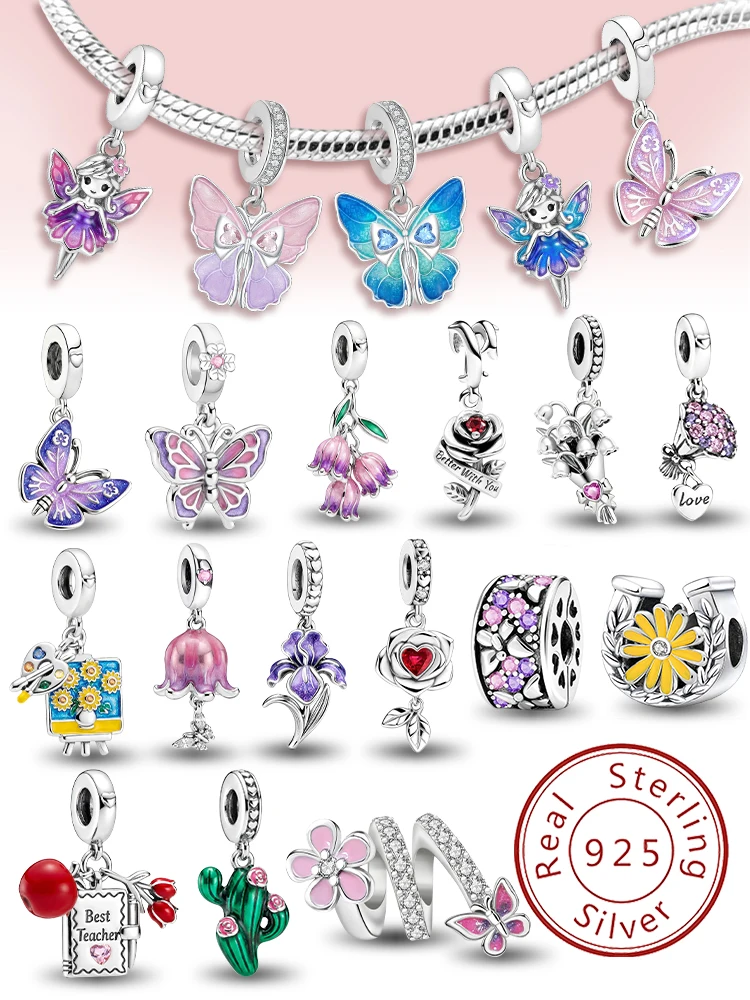 925 Sterling Silber Elegante Sonnenblumen- und Schmetterlings-Serie Charms Perlen Passend für Original-Armbänder Hochwertige DIY-Schmuckstücke
