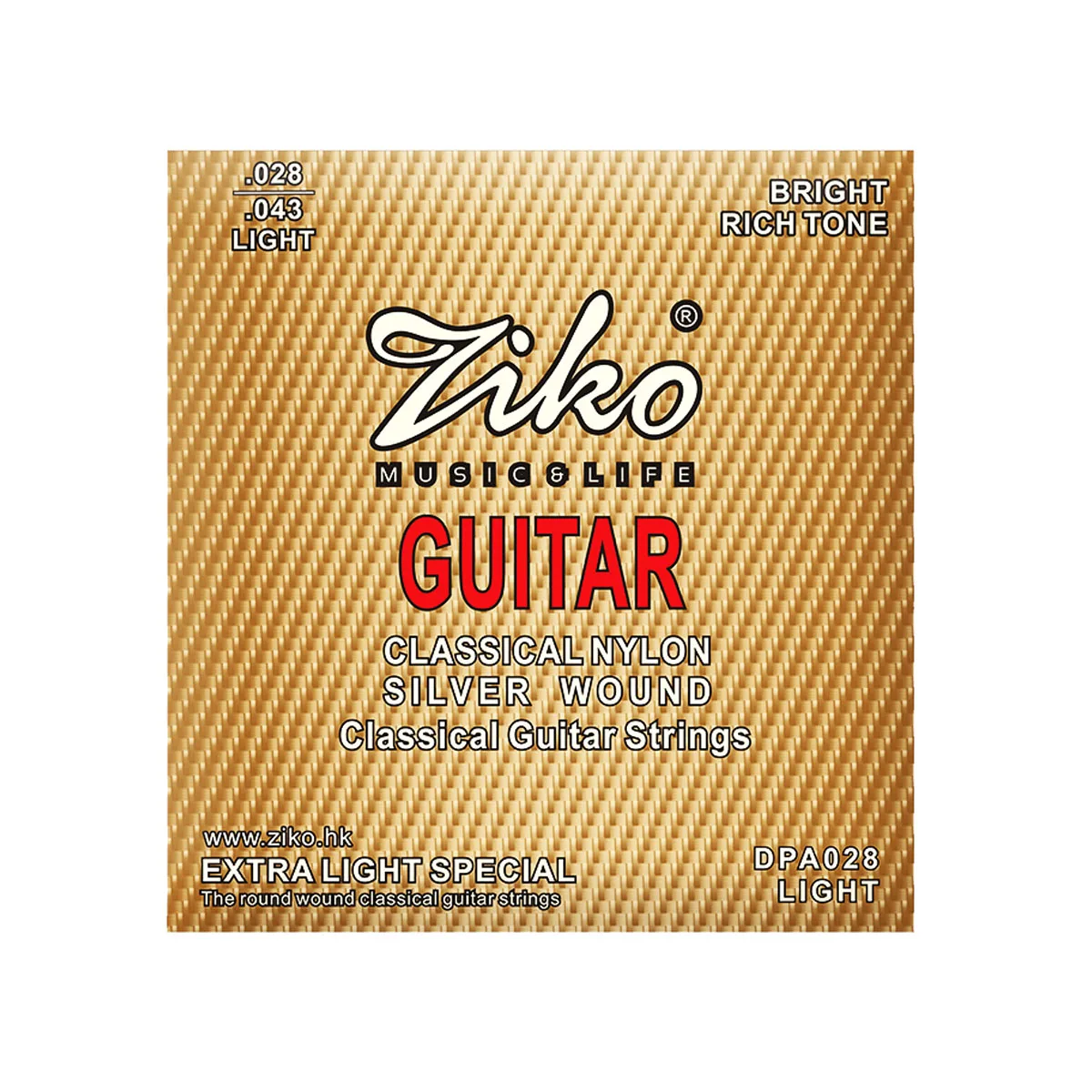 ZIKO DPA-028 klassische Nylongitarrensaiten – silberumwickelt auf D/A/E, transparentes Nylon auf E/B/G, leichte Spannung, warme Oktaven