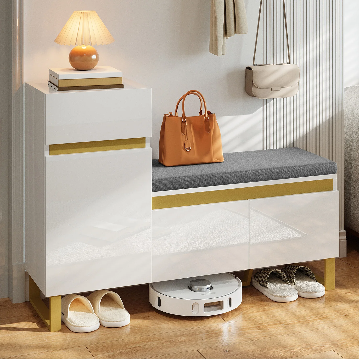 Zweifarbiger Hochglanz-Schuhschrank in Weiß mit Goldakzenten, Modernes 3D-Linien-Flurschrank, Multifunktionale Schuhbank mit weich gepolstertem Sitz, Großer versteckter Schrank, Praktische Oberste