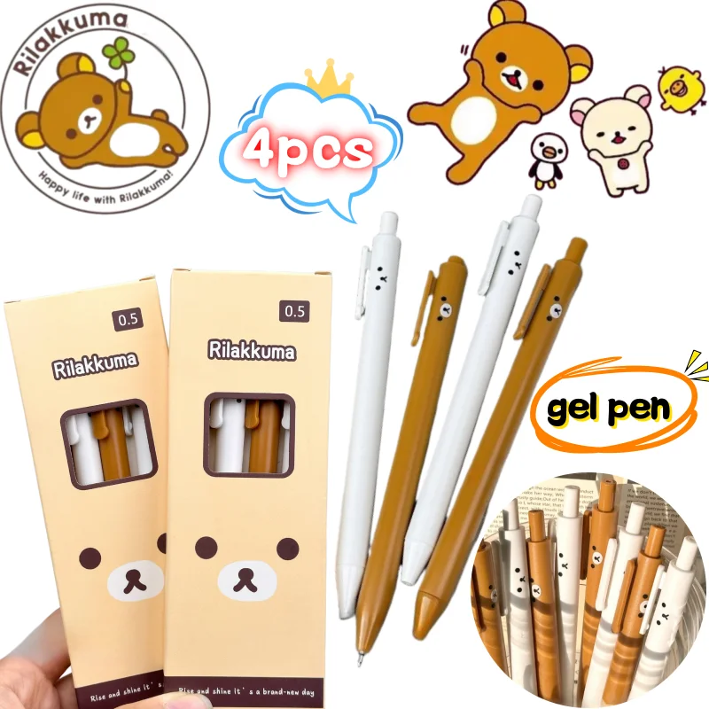 Rilakkuma 4er-Set Gelstifte mit ansprechenden Cartoon-Prints für Jungen und Mädchen, schnell trocknende und sanft schreibende Klickstifte für Schüler. Image