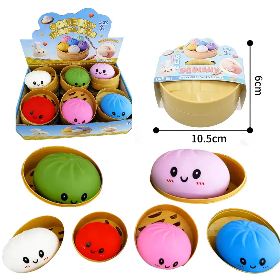 Neue bunte Dumpling-Squishies: Stressball, sensorisches Spielzeug, simuliertes Essens-Squishy, Brötchen mit Dampfgarer, Quetsch-Teigball, Geschenk Image