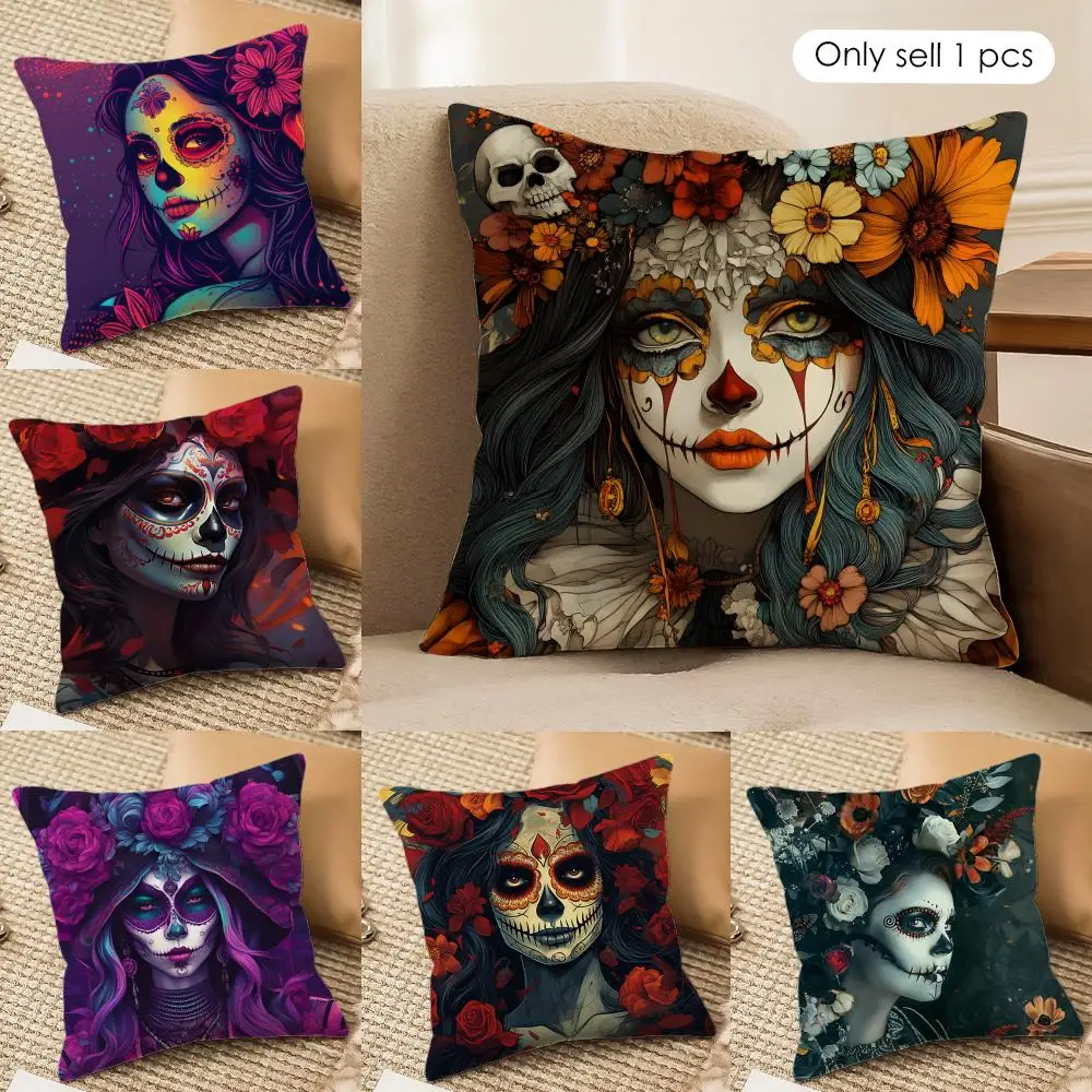 Sugar Skull Girl Kissenbezug, weicher Plüschstoff, doppelseitig bedruckt, Sofakissenbezug für alle Jahreszeiten, Heimdekoration, Geschenk Image