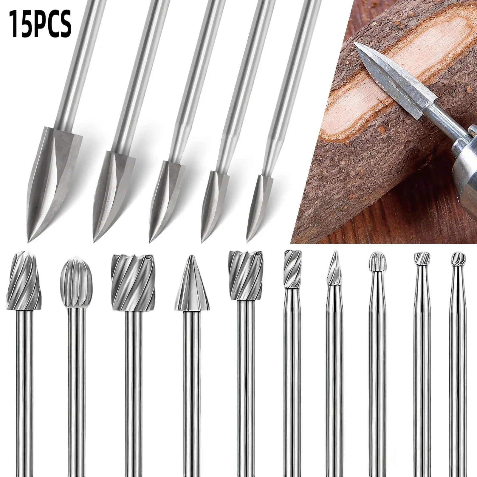 15-teiliges HSS Holzschnitzfräser-Set, 1/8 Zoll Schaft für Rotationswerkzeuge, Gravieren, Schleifen & Formen von Holz, Kunststoff & Gummi Image