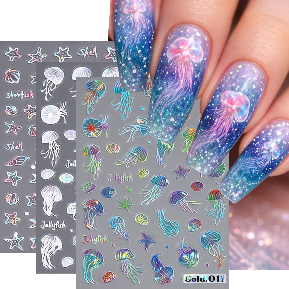 Ozean-Themen-Nagelaufkleber, Seesterne, Muscheln und schillernde Quallen, sommerliche Nageldekorationen, geeignet für Nageldesigns. Image
