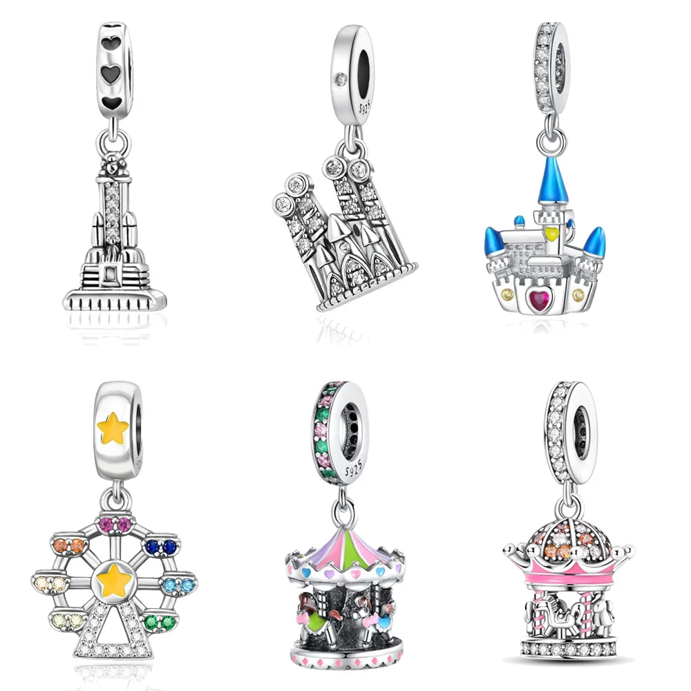 Versilberter blauer Dachschloss-Anhänger mit rosa Herz und buntem Akzent, passend für Perlenarmbänder, Prinzessinnen-Schmuckgeschenk Image