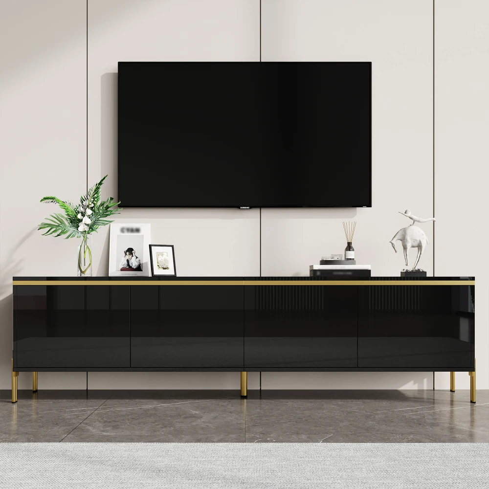 PINGGO Moderner Hochglanz-TV-Ständer mit 4 Schranktüren, Kabelanschluss, Goldband-Design, Stauraum, Wohnzimmermöbel