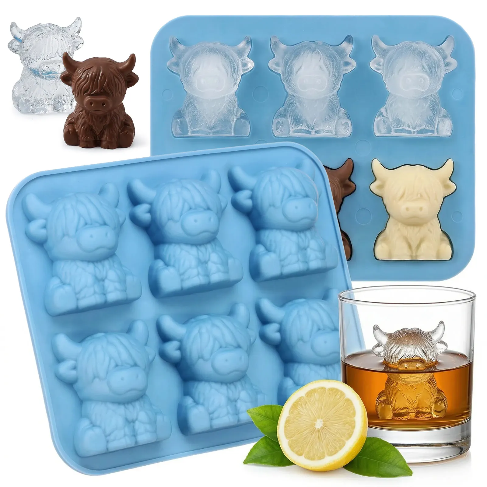 1/2 Stück Highland-Kuh Silikon-Eiswürfelform 6-Fach Wiederverwendbare Eiswürfelform 3D Highland-Kuh Eiswürfelbehälter für Whiskey Cocktails Image