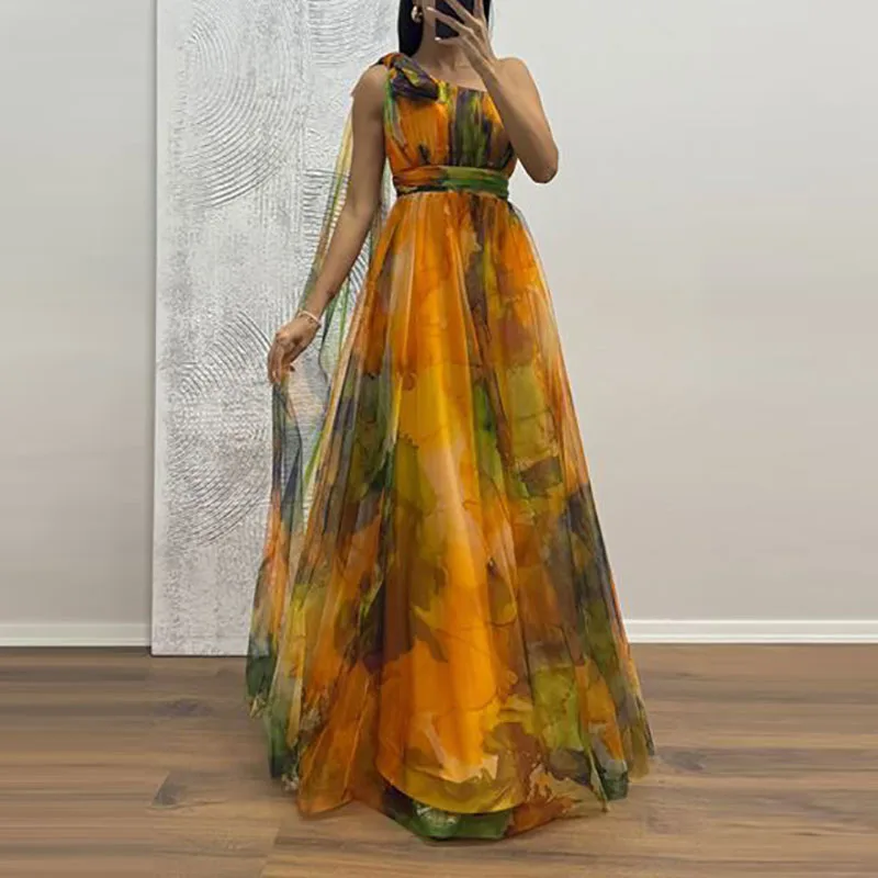 Elegantes Mesh-Taillenkleid für Bankette, Modisches Muster-Print Asymmetrisches Langes Kleid, Sexy Schräghals-Design mit Schleifenbindung, Schlankes Langes Kleid für Damen Image