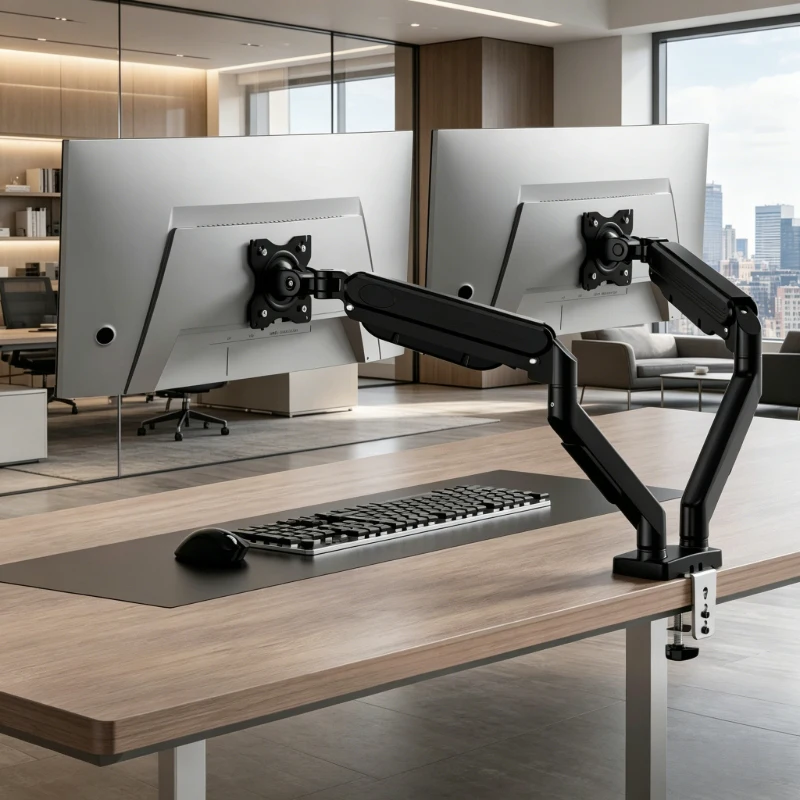 Mehrstufiger Dual-Monitor-Ständer, kompatibel mit 13–32 Zoll Bildschirmen, schwenkbar, neigbar, drehbar für moderne Büro- und Heimgebrauchsszenarien. Image