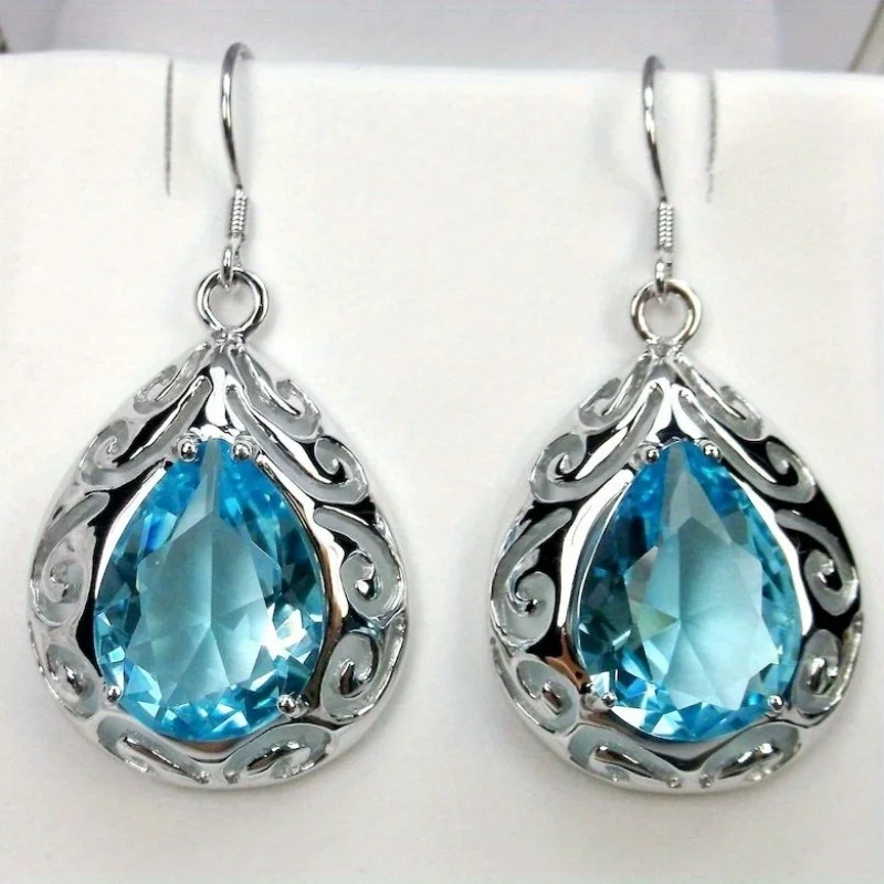 Vintage Wassertropfen-Ohrringe mit blauem synthetischem Zirkonia für Damen, elegante, ausgehöhlte, glitzernde Ohrringe, Jubiläumsschmuck Image