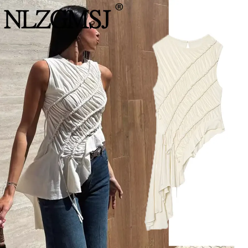 Nlzgmsj 2026 Sommer Mode Asymmetrisches Gerafftes Ärmelloses Top für Damen Rundhals Unregelmäßiger Saum Lässiges Tunnelzug-Tanktop Image