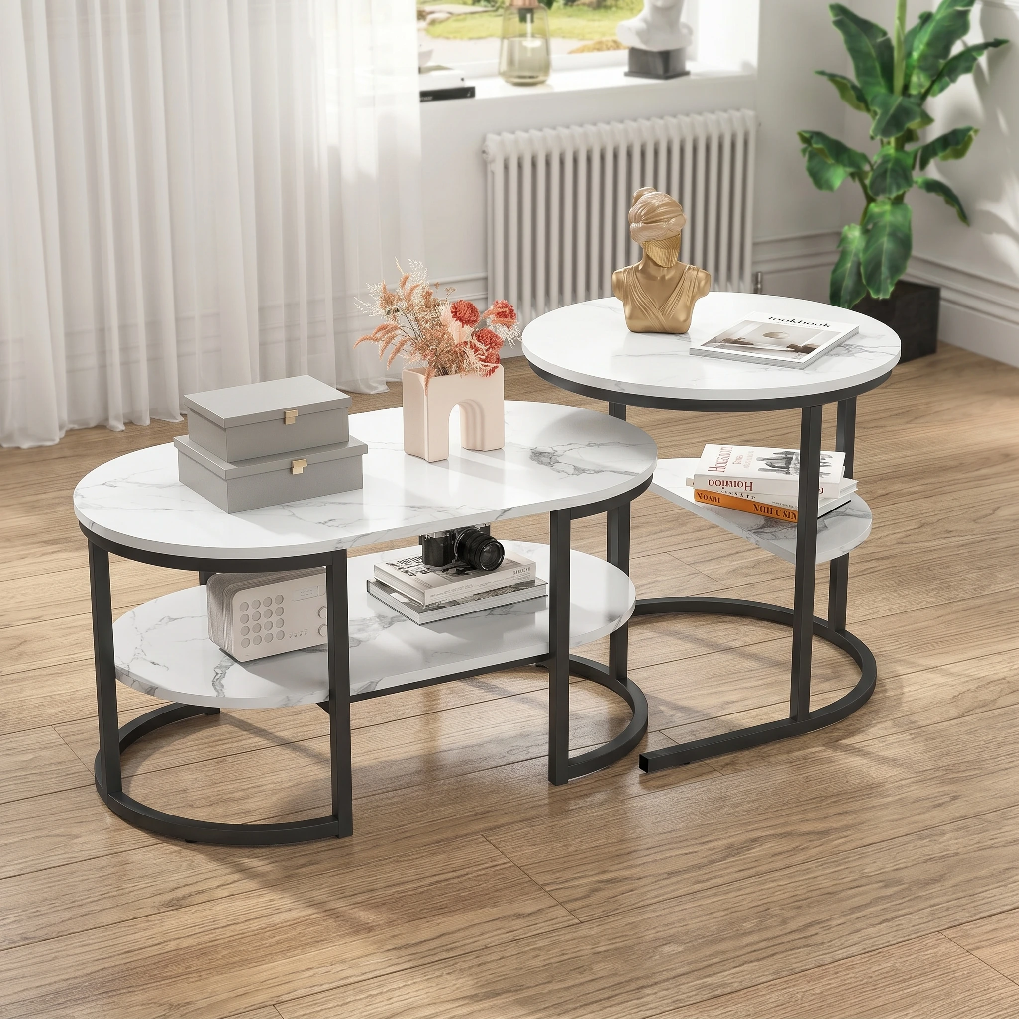 Superaly Couchtisch-Set mit 2 Tischen, 2-in-1-Tisch mit Stauraum, Moderner Sofatisch Couchtisch Rund und Oval in Marmor-Optik