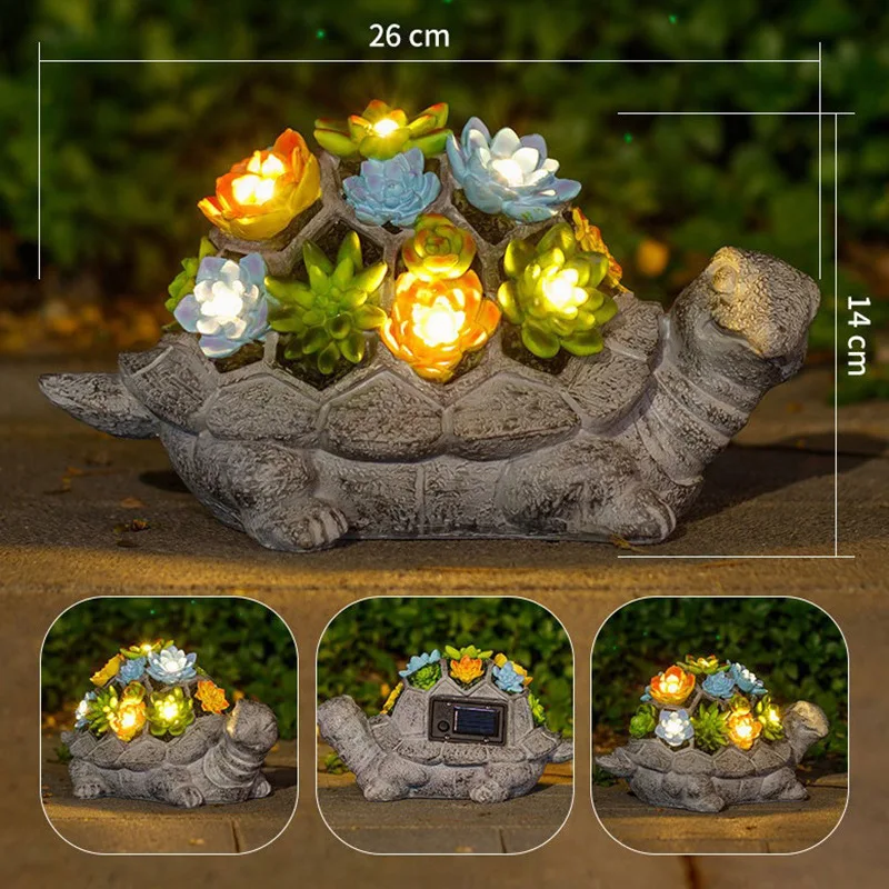 Décoration de jardin solaire en forme de tortue avec lumières LED succulentes, statues de jardin solaires, figurine de tortue pour cour, patio, balcon, jardin