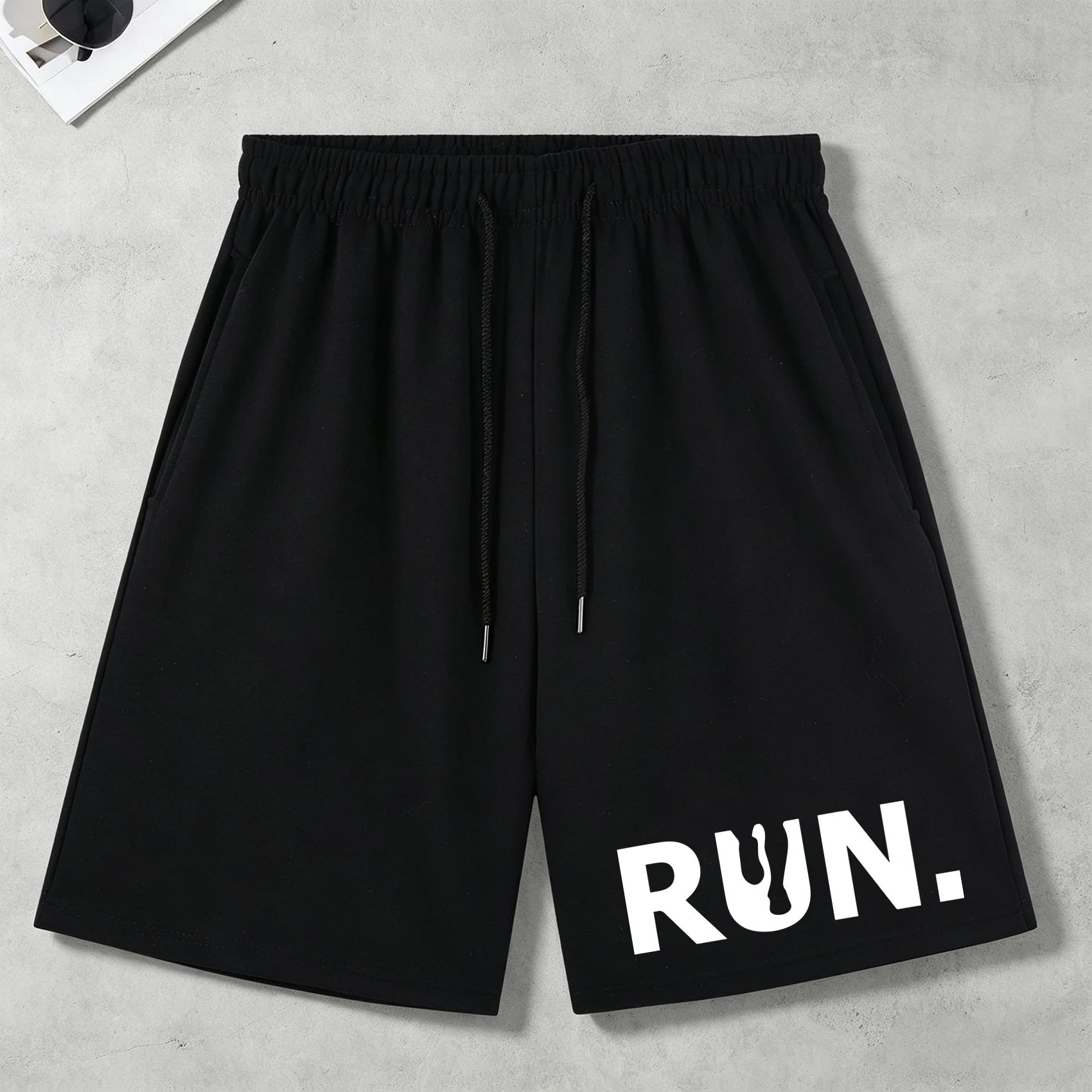 Creative Run Letter Print Retro Herrenhose, modische Shorts mit Kordelzug, Hip-Hop, schwarze Shorts, Unisex, lockere Sportbekleidung mit weitem Bein Image