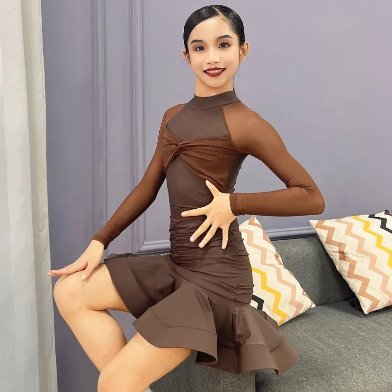 Langärmliges Latein-Tanzkleid für Mädchen, professionelles Standard-Trainings- und Auftrittsoutfit für Kinder, Mesh-Rock, Herbst-Winter-Tanzkleidung Image