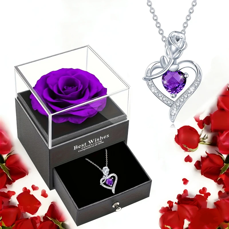 Lila Zirkon-Herz-Anhänger-Halskette mit Rosenbox 2026, edles Schmuckset für Freundin, Weihnachten, Valentinstag, Geburtstagsgeschenk Image