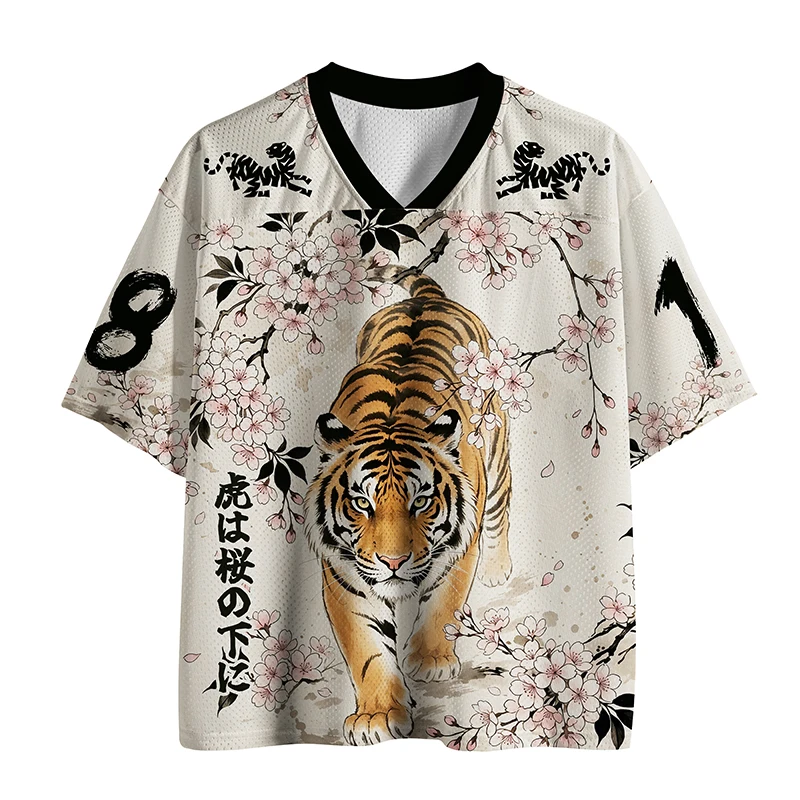 Japanisches Ukiyo-e-Tiger- und Kirschblüten-Mesh-Jersey mit Aufdruck für Erwachsene und Kinder, Harajuku-Streetwear-T-Shirt mit V-Ausschnitt Image