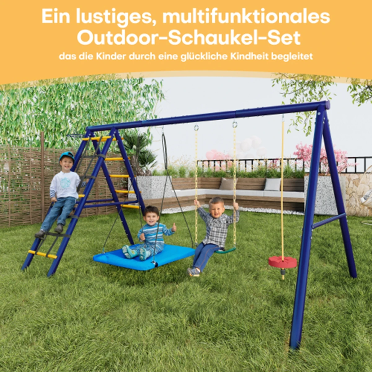Outdoor-Schaukel-Set: 3 Schaukeln (Hänge-, Gurt-, Kletterseil) + Klettergerüst + Basketballkorb – ein Spielparadies Image