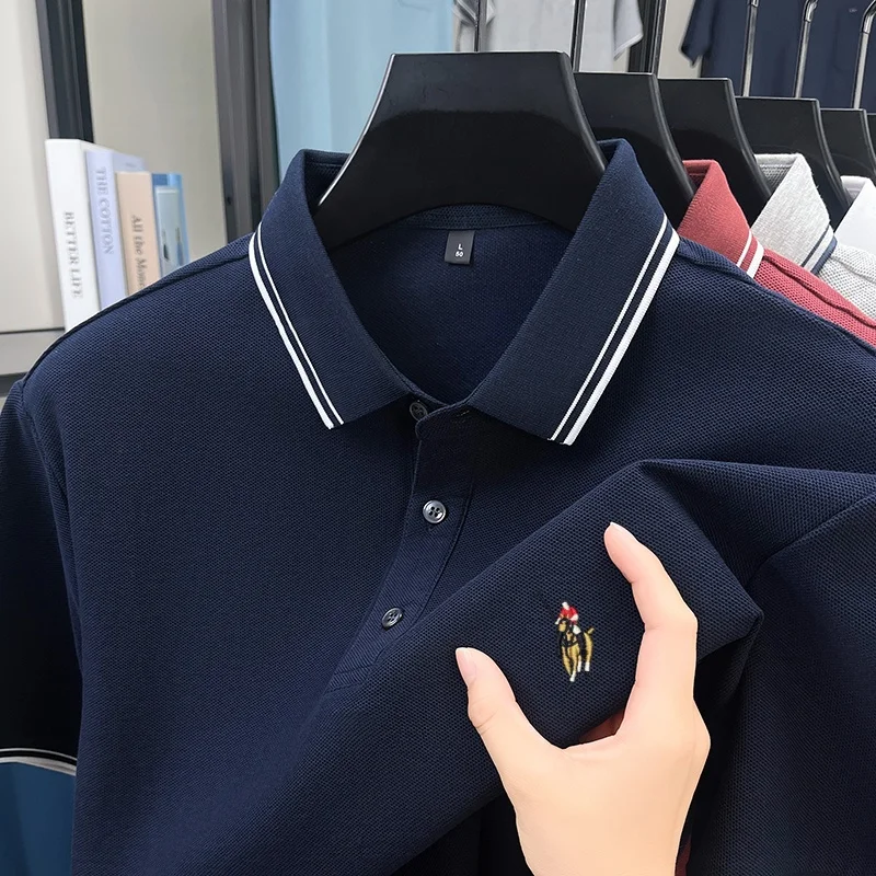 100% Baumwolle Sommer Buntes Pony-Muster Besticktes Poloshirt Business-Kragen-T-Shirt Komfortables Herren-Oberteil Kurzarm Image