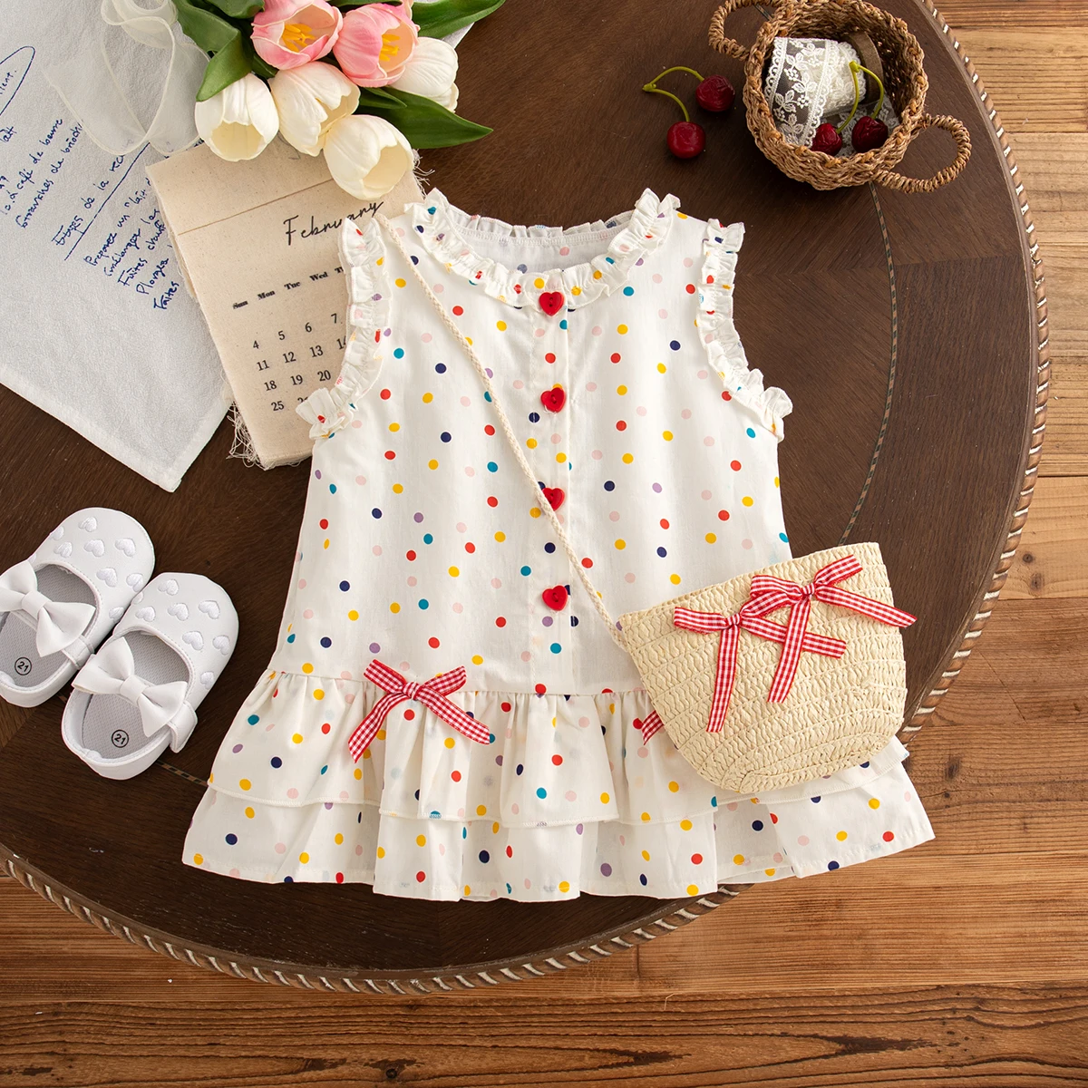 Sommerliches Neues Baby-Mädchen-Kleid mit Polka Dots Süße und Schöne Kinderkleidung + Schleifentasche (9 Monate - 4 Jahre) Image