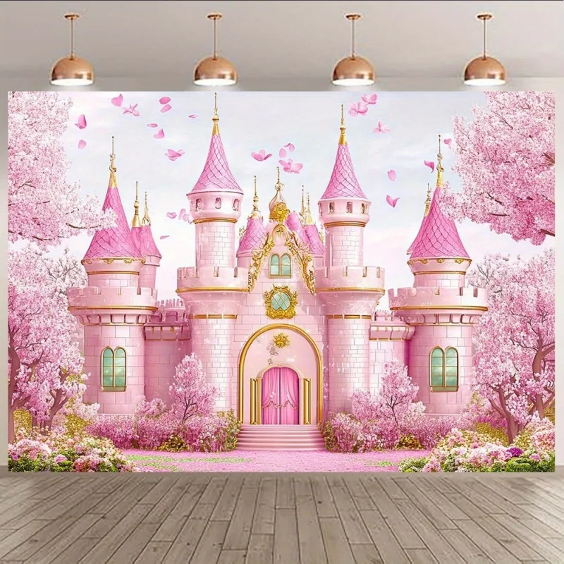 1 Stück, 2D flach, magischer rosa Prinzessinnenschloss-Fotohintergrund – mythische Kirschblüten-Partydekoration, Heimdekoration Image