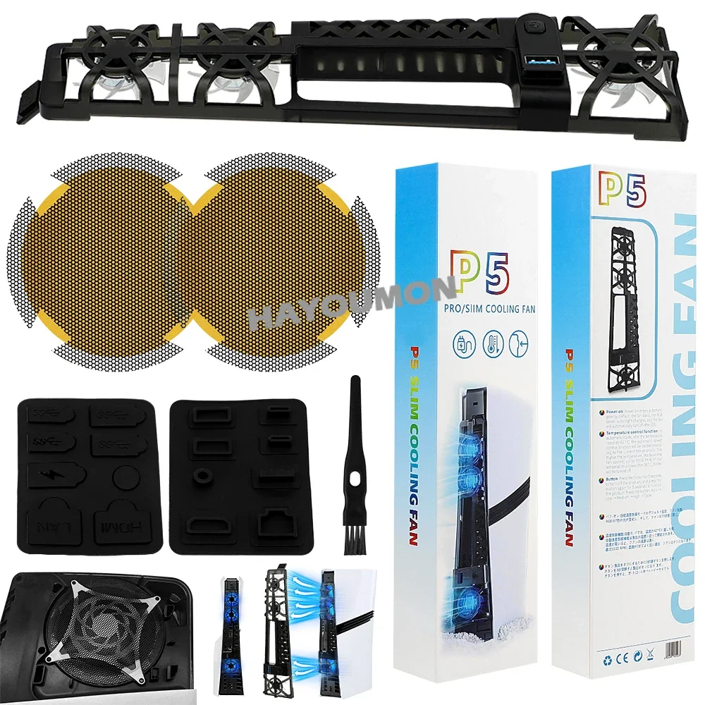 RGB-Lichtkühlventilator mit USB-Anschluss, Staubfilternetz und Stecker-Set Zubehör für PS5 Pro/PS5 Slim Konsole, leises Kühlsystem Image