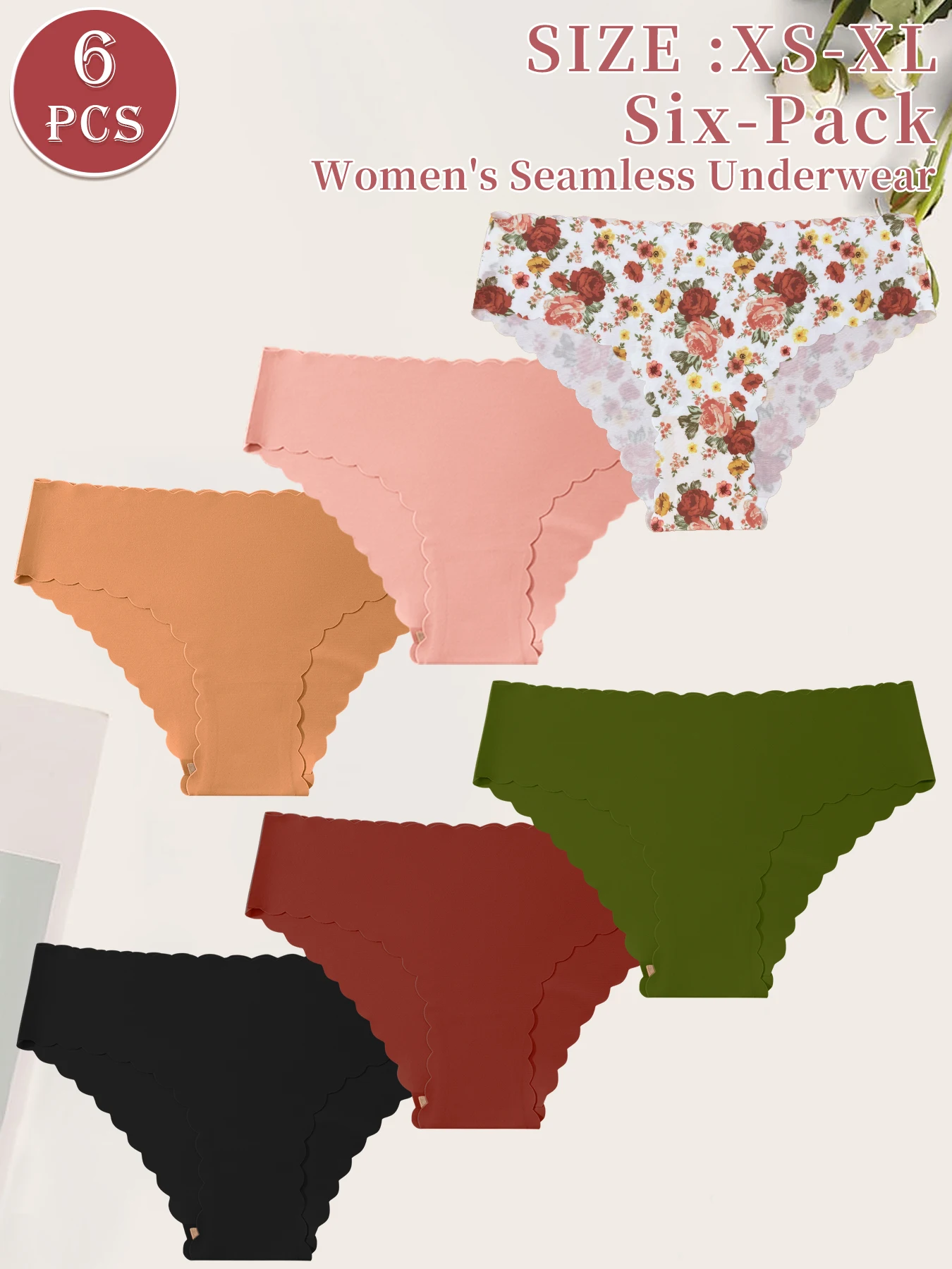 6er-Pack Nahtlose Damen-Slips, Blumenmuster & Einfarbig mit Wellenkante Unsichtbare Komfort-Unterwäsche Image