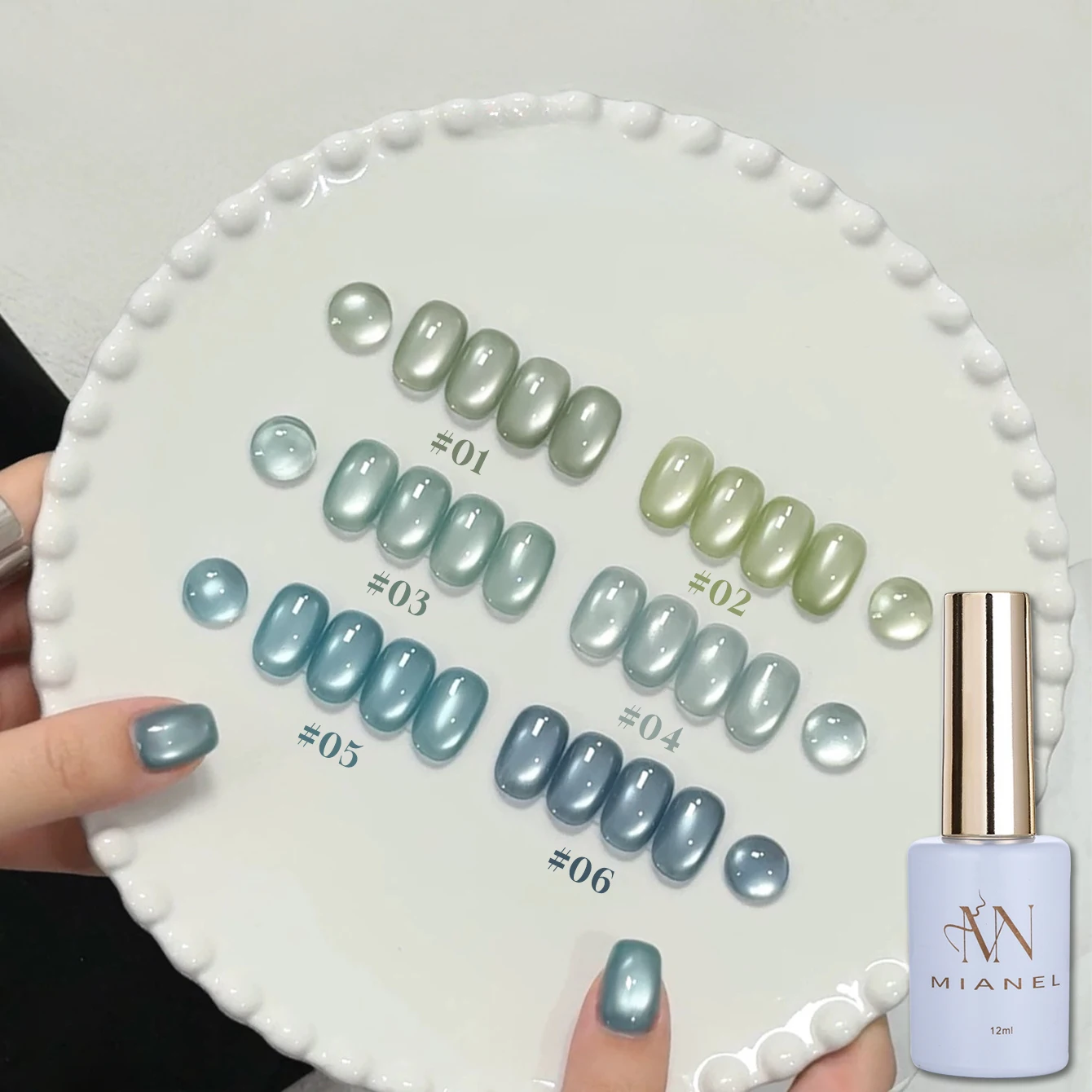 MIANEL 1-6 Stück Meersalz-Minze Katzenauge Magnet-Gel Nagellack Eisblau Grün Glasperlen Katzenauge Nagellack Nagelzubehör Image