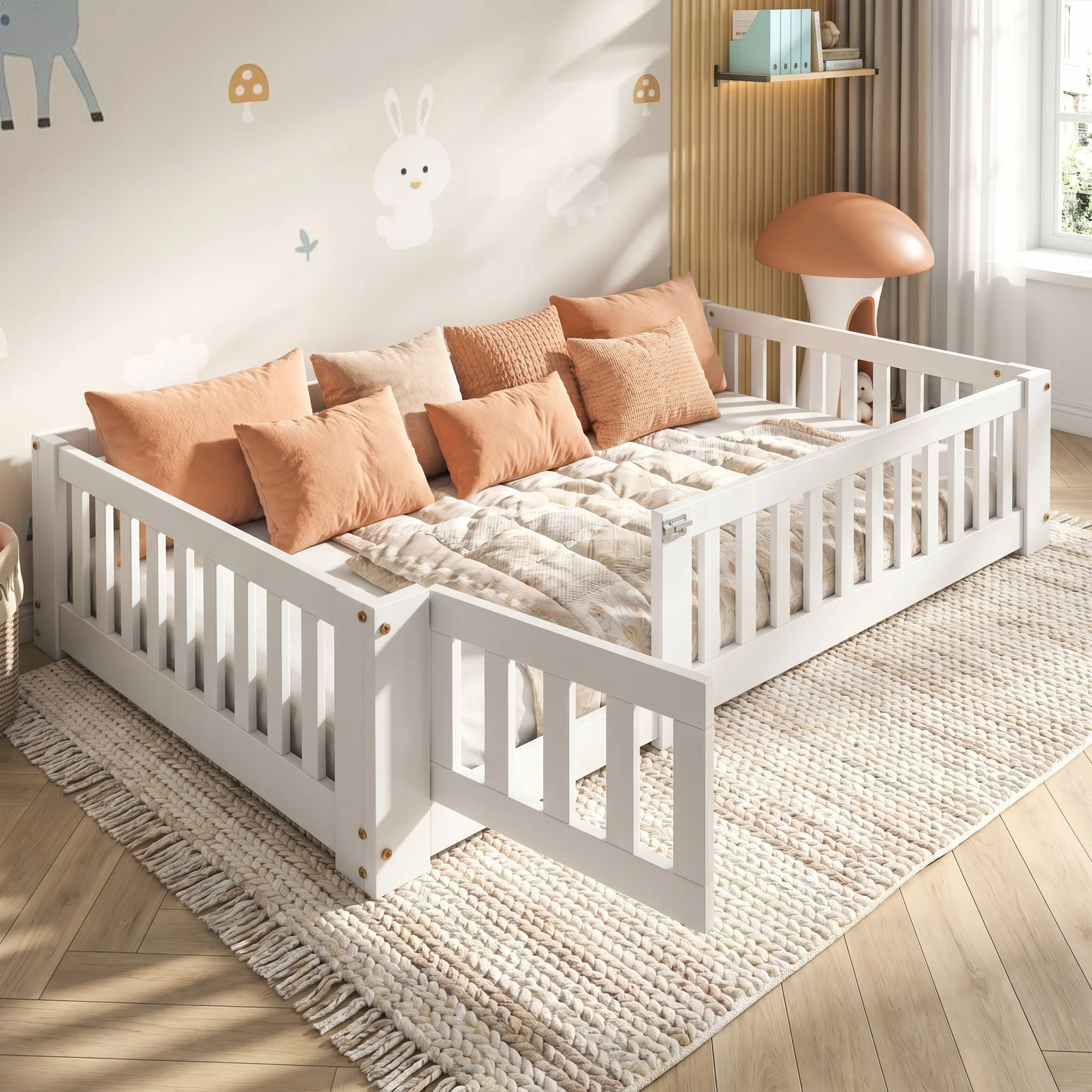 Anajqaqia 120x200cm Kleinkind-Bodenbett mit Vollständigen Schutzgeländern & Abnehmbarer Tür, Montessori-Stil Niedriges Holz-Kinderbett, Robuster Bodenbettrahmen mit Sicherheitsgitter, Lückenfreies Image