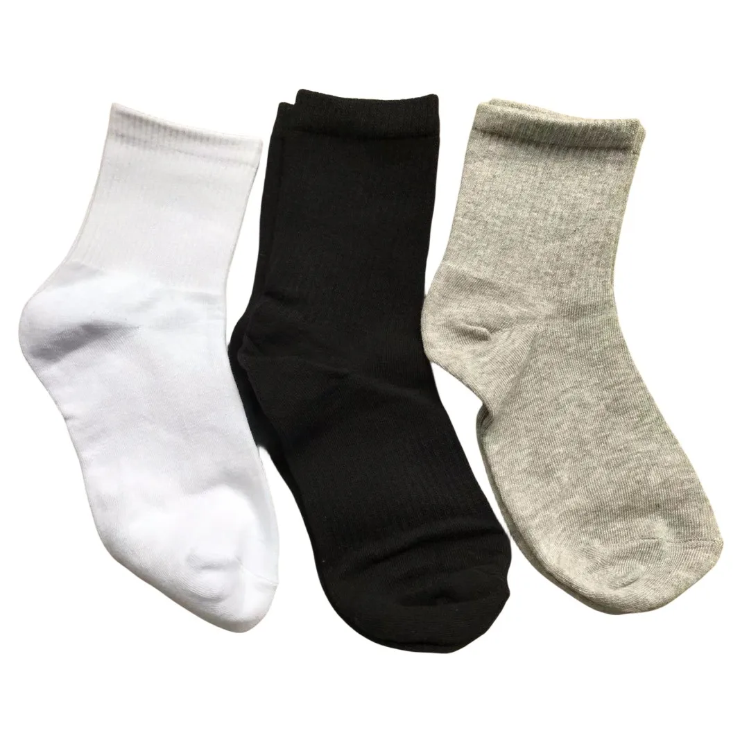 Kinder-Baumwollsocken, grau, weiß, schwarz, Schulsocken, atmungsaktive, dicke Kindersocken, Größe 22–24 cm