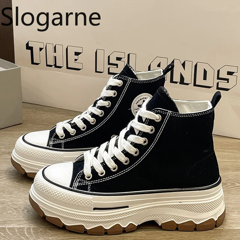 Frühling Sommer Canvas-Schuhe für Damen 5CM Dicke Sohle Skateboard-Schuhe Studenten High-Top Atmungsaktive Sneakers Höhenerhöhende Freizeitschuhe