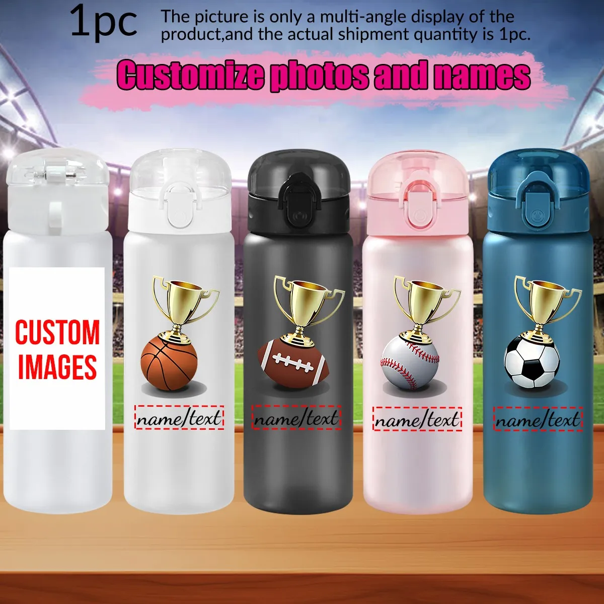 1 Stück Personalisierte Foto-Namens-Trinkflasche 780ml/26oz Outdoor Reise Sportbecher mit Trageband Auslaufsichere Plastik-Wasserflasche für Wettkampfbesichtigungen Image