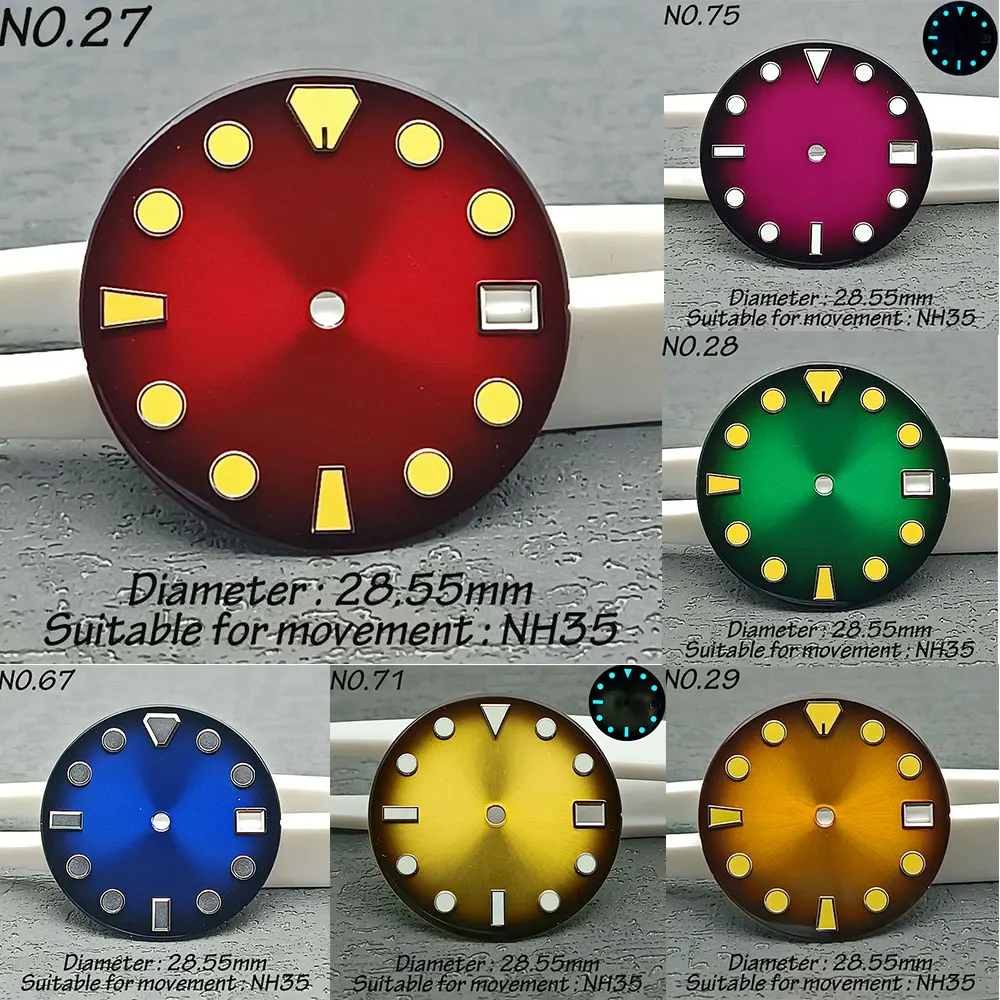 Hochwertiges 28,5 mm großes braunes Fumé Sunburst-Uhrenzifferblatt mit blauem C3-Luminous für NH35 NH36 Automatikwerk, Zubehör für modifizierte Uhren Image