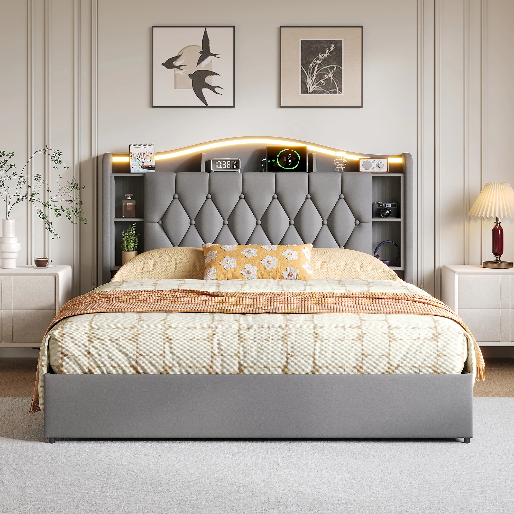 Anajqaqia 140x200cm graues Samt-Plattformbett mit hydraulischem Stauraum, RGB-LED-Kopfteil, USB-Ladefunktion & kabellosem Ladegerät, Bett mit Stauraum-Kopfteil, kein Boxspringbett erforderlich, Image