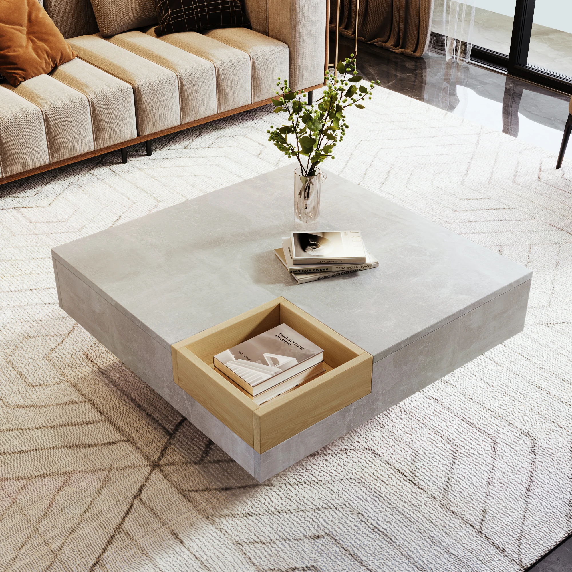 Moderner Beton-Grauer Couchtisch mit Holz-Aufbewahrungsbox, Multifunktionaler Wohnzimmer-Sofatisch Image
