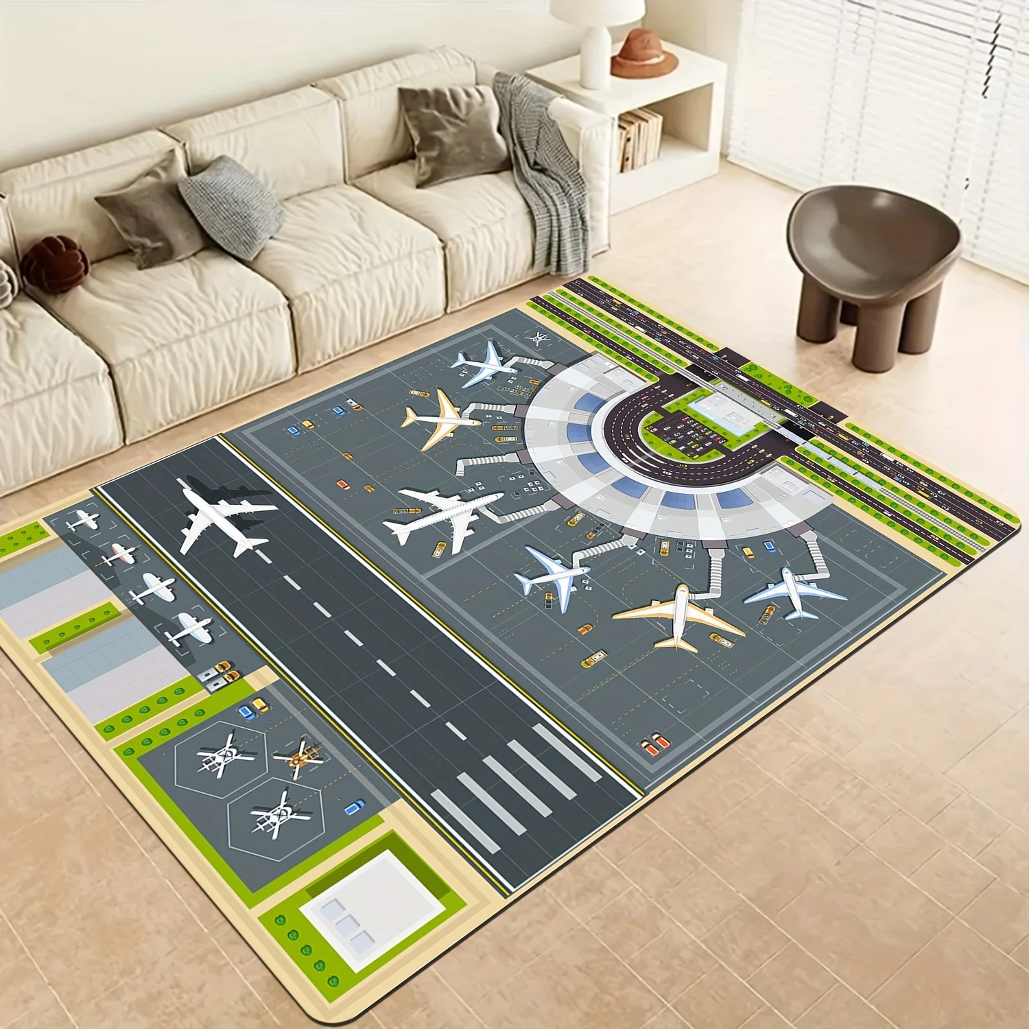 Flughafen-Laufbahn-Spielteppich für Kinder, rutschfeste, lehrreiche Flugzeug-Spielmatte, weicher Bodenteppich für Kleinkinder, Jungen, Schlafzimmer, Spielzimmer-Dekoration