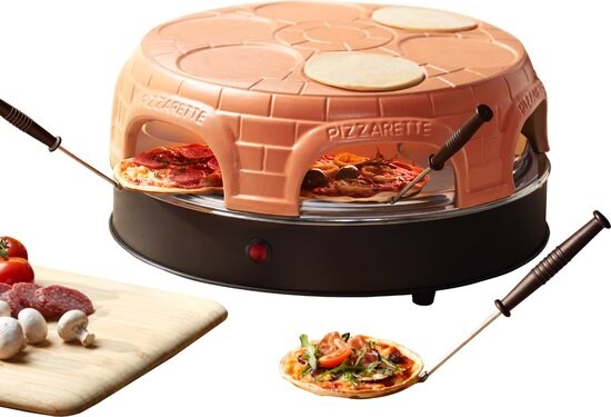 Emerio Pizzarette – Pizzaofen für 6 Personen – Handgefertigte Terrakotta-Kuppel – 6 isolierte Backspatel – Edelstahl-Backplatte – PO-115848.1 1500 W Image